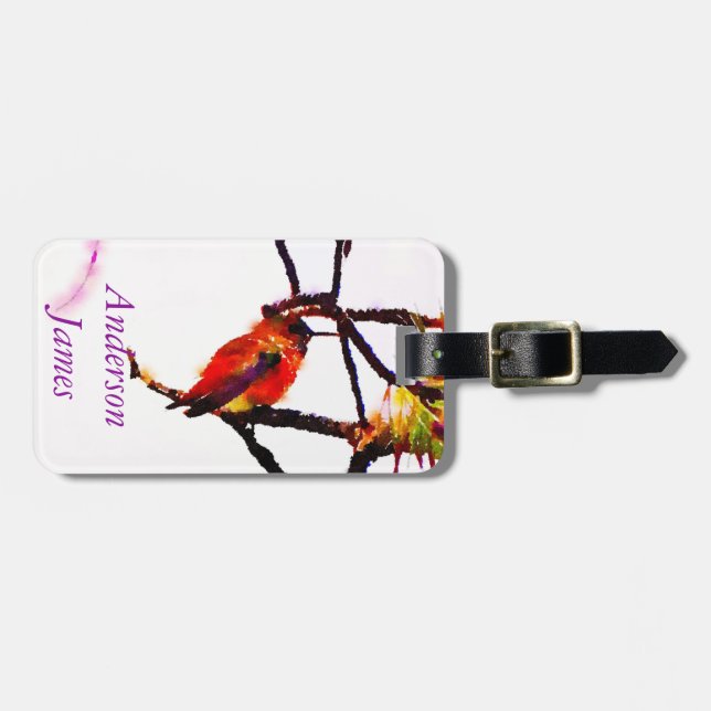 Étiquette À Bagage Petit colibri bronze, or, rouge et violet (Devant horizontal)