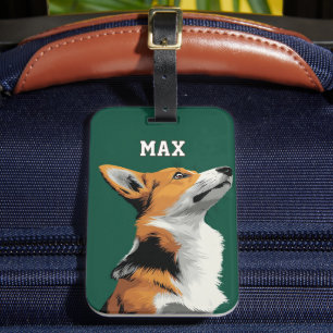 Étiquette À Bagage Petit Corgi sur Fond Vert
