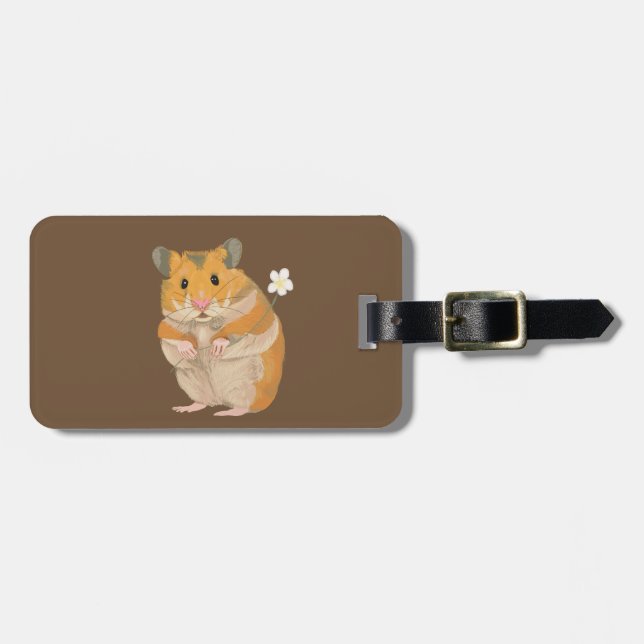 Étiquette À Bagage Petit Hamster mignon tenant une fleur (Devant horizontal)