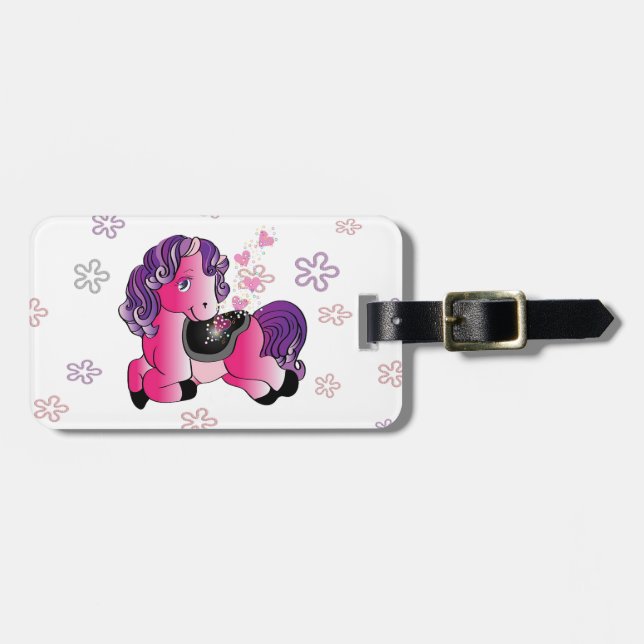 Étiquette À Bagage Petit poney rose mignon fait sur commande avec des (Devant horizontal)
