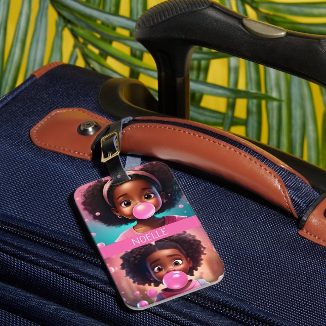 Étiquette À Bagage Petite fille noire Popping rose Bubblegum (Insitu Rectoal 1)