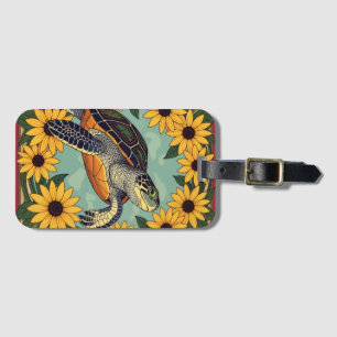 Étiquette À Bagage Petite Tortue Et Fleurs de Marguerite à Oeil Noir