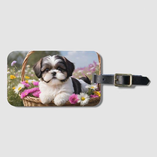 Étiquette À Bagage Petite Tzu Chiot Panier Fleurs (Devant Horizontal)