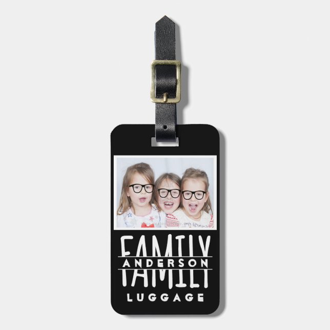 Étiquette À Bagage Photo de famille | Nom Modèle personnalisé Noir mo (Devant Vertical)