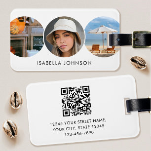 Étiquette À Bagage Photos personnalisées élégantes QR Code Blanc