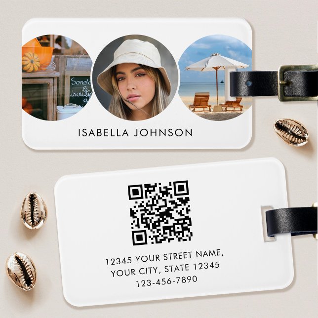 Étiquette À Bagage Photos personnalisées élégantes QR Code Blanc (Créateur téléchargé)