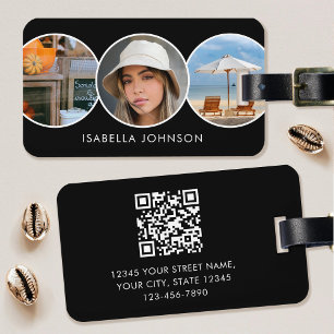 Étiquette À Bagage Photos personnalisées élégantes QR Code noir blanc
