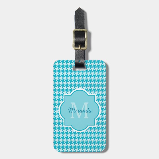 Étiquette À Bagage Pied-de-poule chic de turquoise de monogramme avec (Devant Vertical)