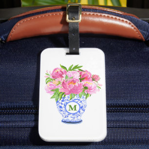 Étiquette À Bagage Pies roses Chinoiserie Vase Green Monogramme