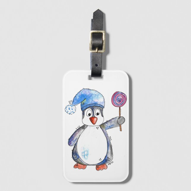 Étiquette À Bagage Pingouin blanc mignon avec Lollipop (Devant Vertical)