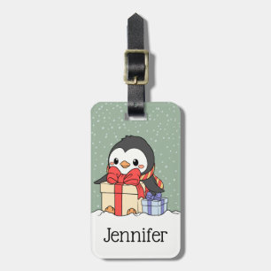 Étiquette À Bagage Pingouin mignon avec cadeaux de Noël dans la chute