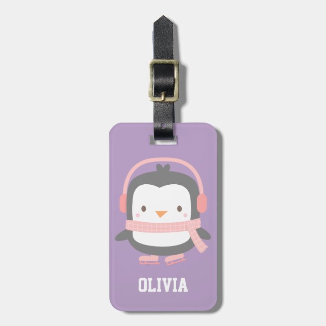 Étiquette À Bagage Pingouin mignon Filles pourpres Personnalisées vio (Devant Vertical)