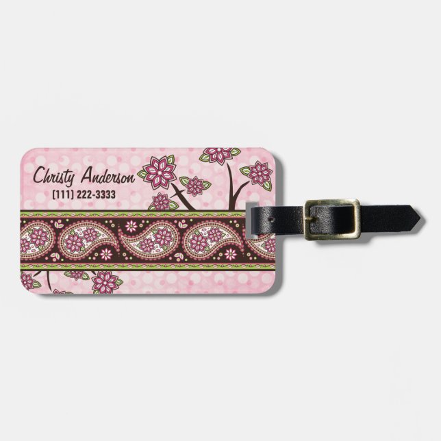 Étiquette À Bagage Pink Green Country Paisley Floral Personnalisé (Devant horizontal)