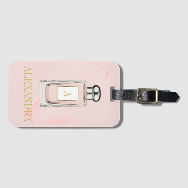 Étiquette À Bagage Pink Parfum Bouteille Chic Monogramme Personnel (Devant Horizontal)