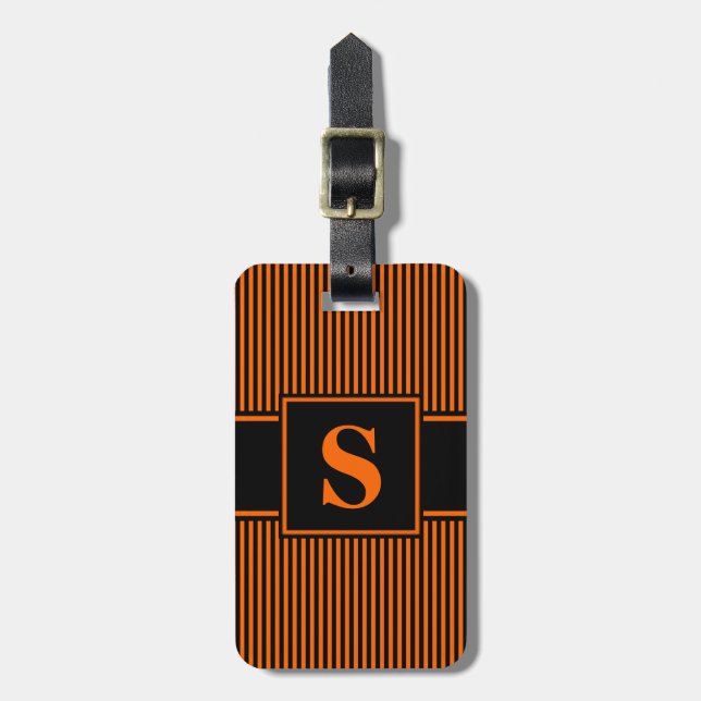 Étiquette À Bagage Pinstripe noire orange monogramme (Devant Vertical)
