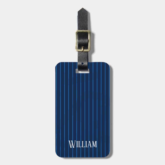 Étiquette À Bagage Pinstripes bleu marine personnalisées (Devant Vertical)