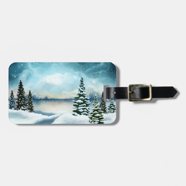 Étiquette À Bagage Pittoresque Winter Wonderland aquarelle peinture (Devant horizontal)