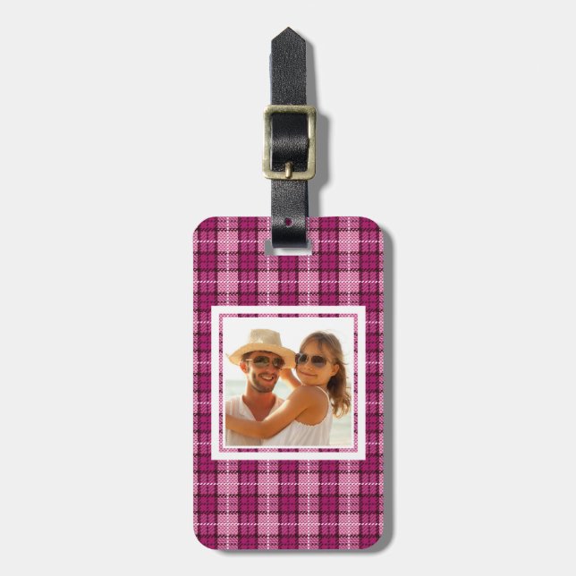 Étiquette À Bagage Pixel fait sur commande Plaid_Magenta-Black de (Devant Vertical)