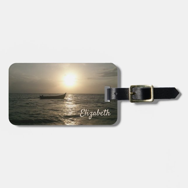 Étiquette À Bagage Plage, Bateau, Coucher de soleil -Personnalisé (Devant horizontal)