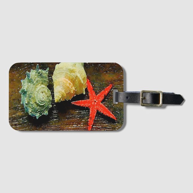 Étiquette À Bagage plage côtière rustique aquarelle coquillage étoile (Devant Horizontal)