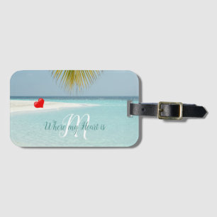 Étiquette À Bagage Plage de sable tropicale Aqua Monogram Coeur Palm