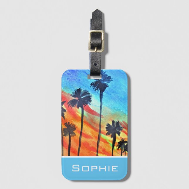Étiquette À Bagage Plage de Sunset Palm Tree art surf (Devant Vertical)