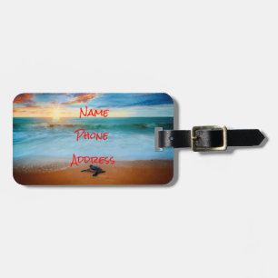 Étiquette À Bagage Plage sablonneuse tropicale de tortue de mer de