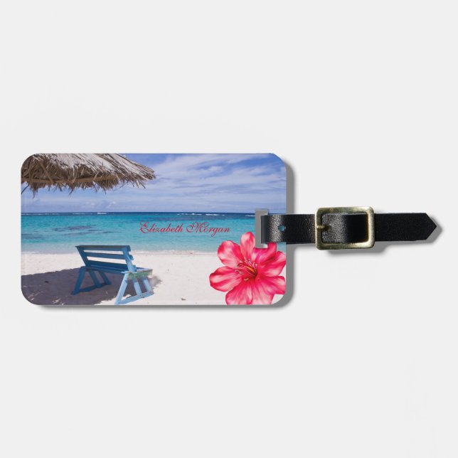 Étiquette À Bagage Plage tropicale, Chaise, Hibiscus (Devant horizontal)