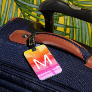 Étiquette À Bagage Plage tropicale & Palm Tree initial rose/orange