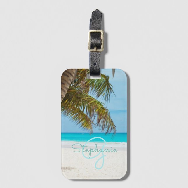Étiquette À Bagage Plage tropicale Turquoise Monogram Palm Tree (Devant Vertical)