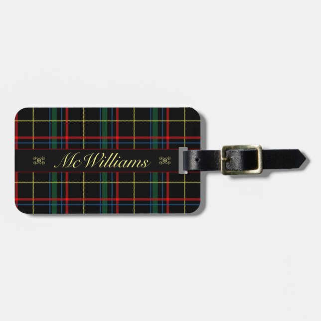 Étiquette À Bagage Plaid vert-foncé d'écossais de tartan de manuscrit (Devant horizontal)