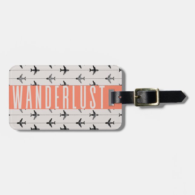 Étiquette À Bagage Plane Wanderlust mignonne Voyage rose gris (Devant horizontal)