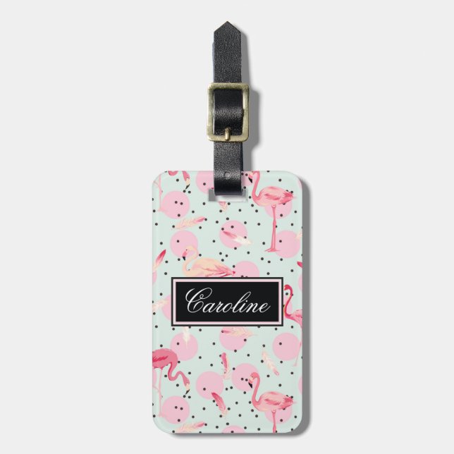 Étiquette À Bagage Plumes de Flamant rose sur le pois (Devant Vertical)