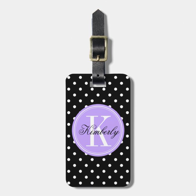 Étiquette À Bagage Point de polka noir avec le monogramme lilas (Devant Vertical)