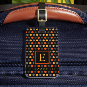 Étiquette À Bagage Point Polka gris orange jaune noir personnalisable