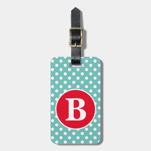 Étiquette À Bagage Pointe Polka Turquoise clair et blanc avec Monogra (Devant Vertical)