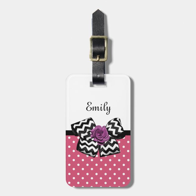Étiquette À Bagage Points roses mignons Rose pourpre Chevron Bow et n (Devant Vertical)