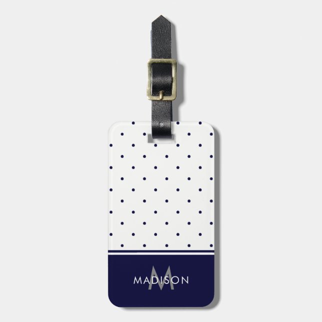 Étiquette À Bagage Pois blancs et bleus de la marine chic (Devant Vertical)