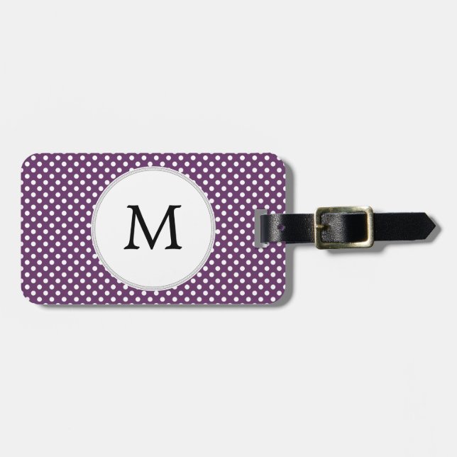 Étiquette À Bagage Pois Monogrammes personnalisés violet et blanc (Devant horizontal)
