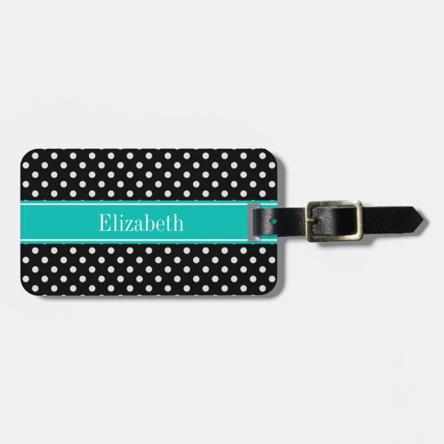 Étiquette À Bagage Pois noirs et blancs Nom Turquoise Monogramme (Devant horizontal)