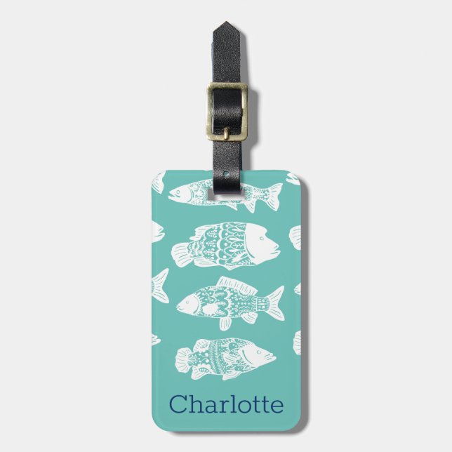 Étiquette À Bagage Poisson floral blanc marine | Personnalisé (Devant Vertical)