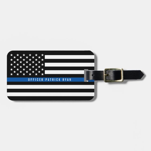 Étiquette À Bagage Police Mince Ligne Bleue Américain Drapeau Monogra (Devant horizontal)