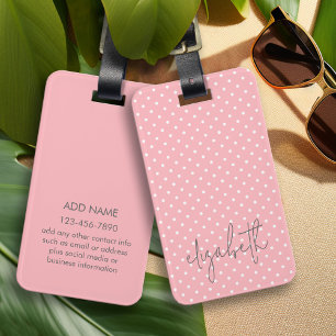 Étiquette À Bagage Polka Dot rose vierge script gris nom