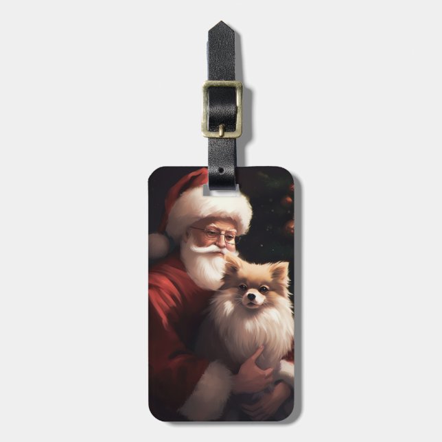 Étiquette À Bagage Poméranien avec Noël Festif du Père Noël (Devant Vertical)