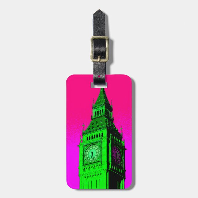 Étiquette À Bagage Pop Art Big Ben Londres Voyage rose Vert (Devant Vertical)