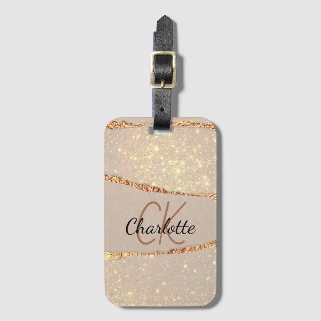 Étiquette À Bagage Porte d'or beige marbre luxe monogramme (Devant Vertical)
