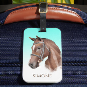 Étiquette À Bagage Portrait de cheval turquoise équestre coutume