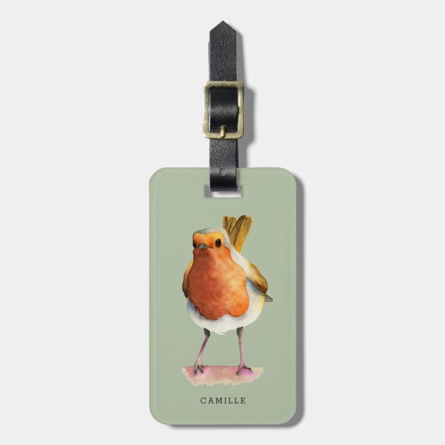 Étiquette À Bagage Portrait mignon | d'aquarelle d'oiseau de Robin (Devant Vertical)