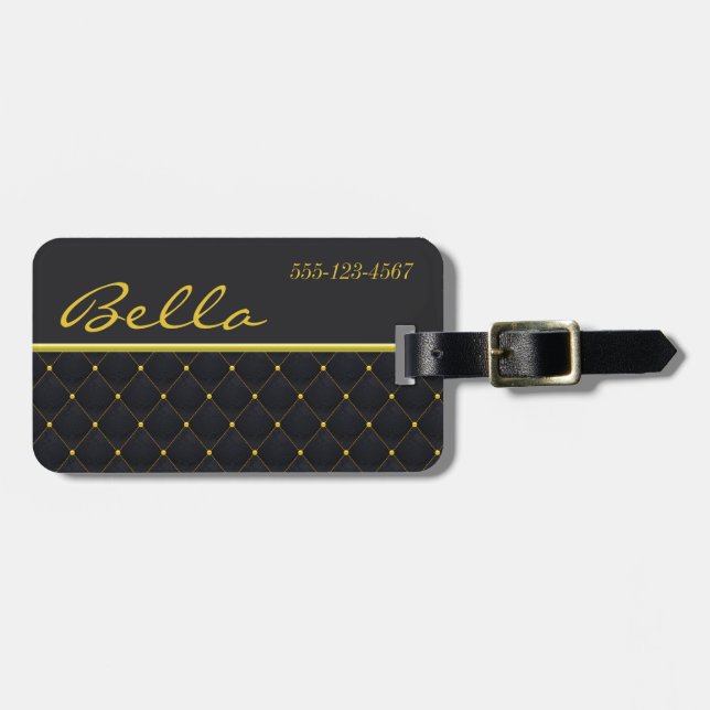 Étiquette À Bagage Posh Quilé Noir & Or Stitch (Devant horizontal)
