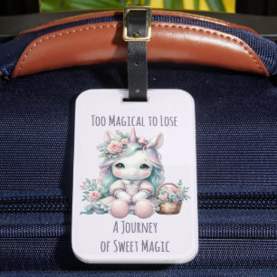 Étiquette À Bagage Poupée Licorne Kawaii Pastel avec Panier de Fleurs